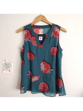 cabi short sleeve floral print top in bluegreen small
